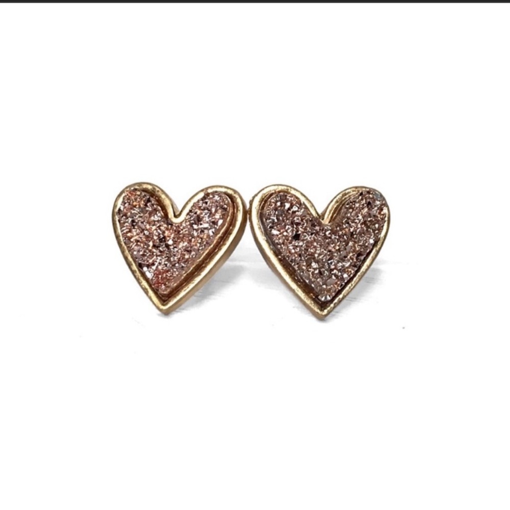 New Rose Gold Tone Lab Created Druzy Heart Stone Stud Earrings